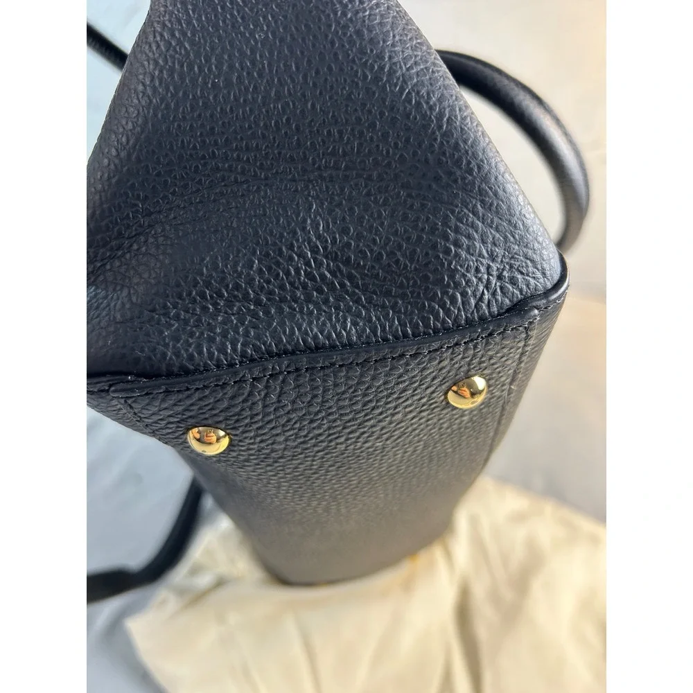 Lauren Ralph Lauren Marcy Black Pebbled Leather Satchel Bag Gold RL Logo Handbag
